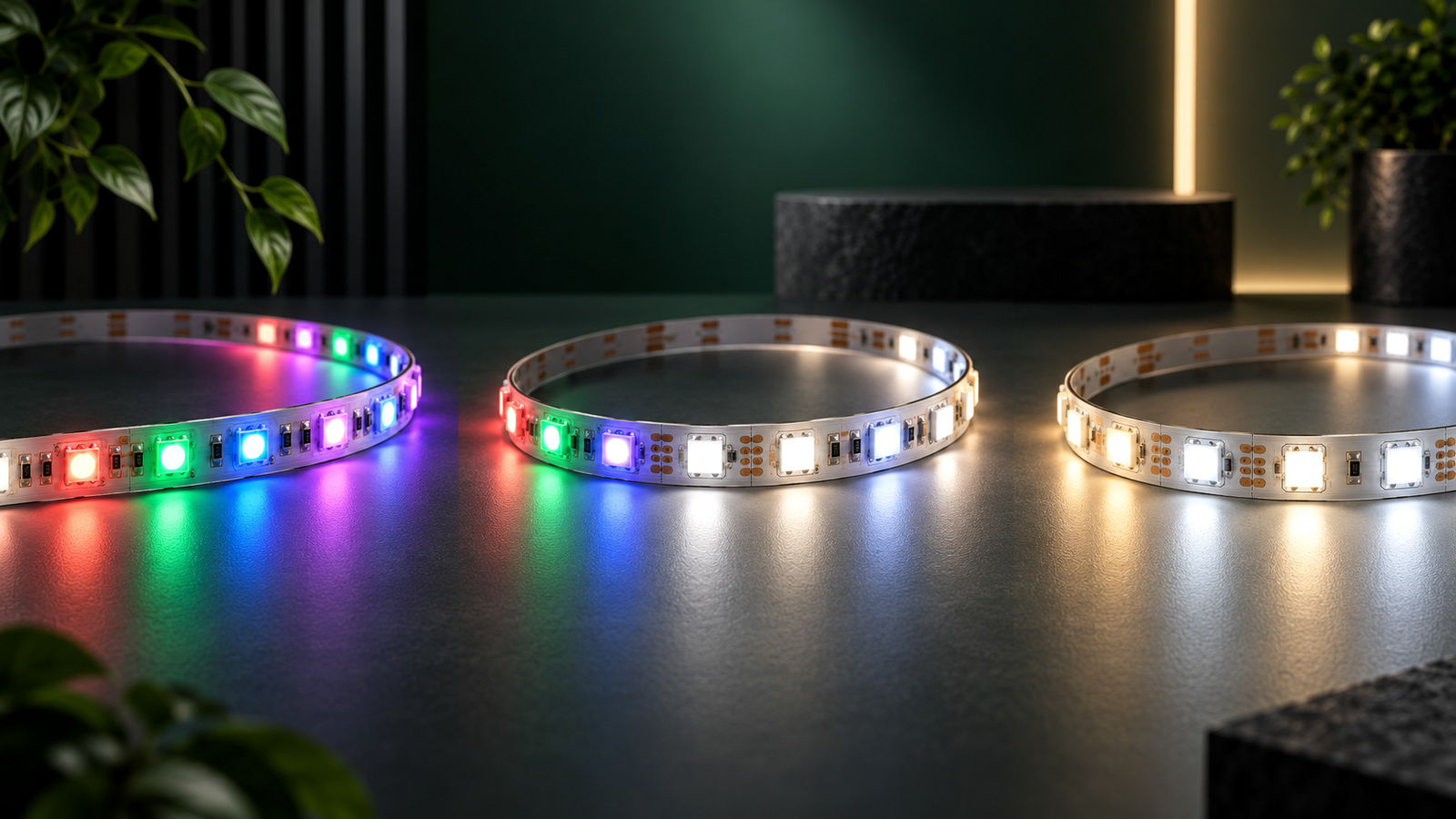 Three separate LED strip samples showing color, color with white, and warm-to-cool white light