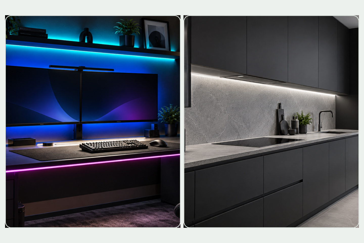 Color ambience at a computer desk beside neutral white task lighting on a kitchen worktop