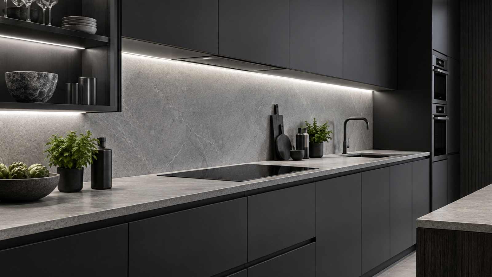 Neutral white under-cabinet lighting illuminating a clean kitchen worktop