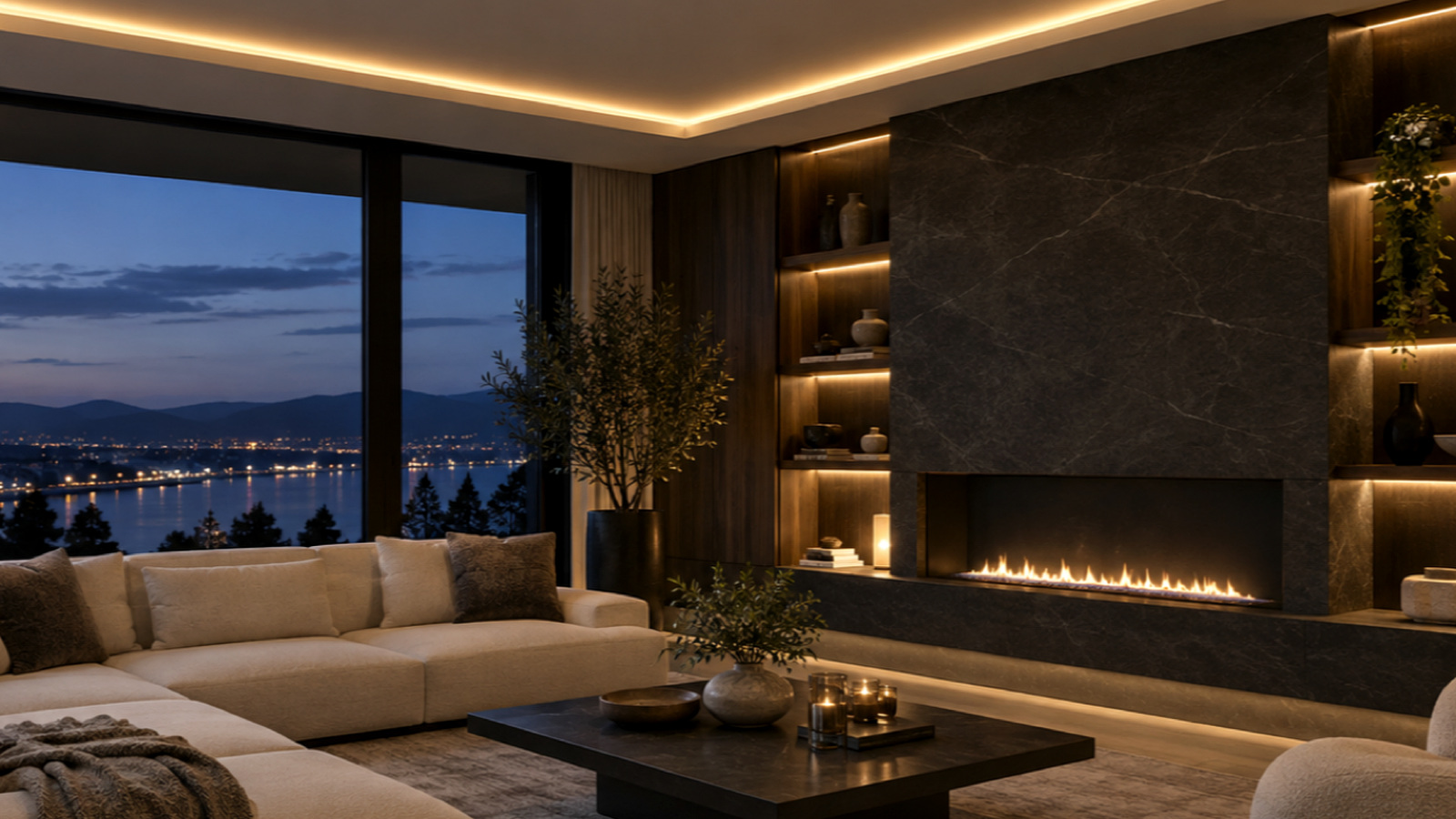Corner ceiling cove casting a continuous warm indirect light line across a contemporary living room