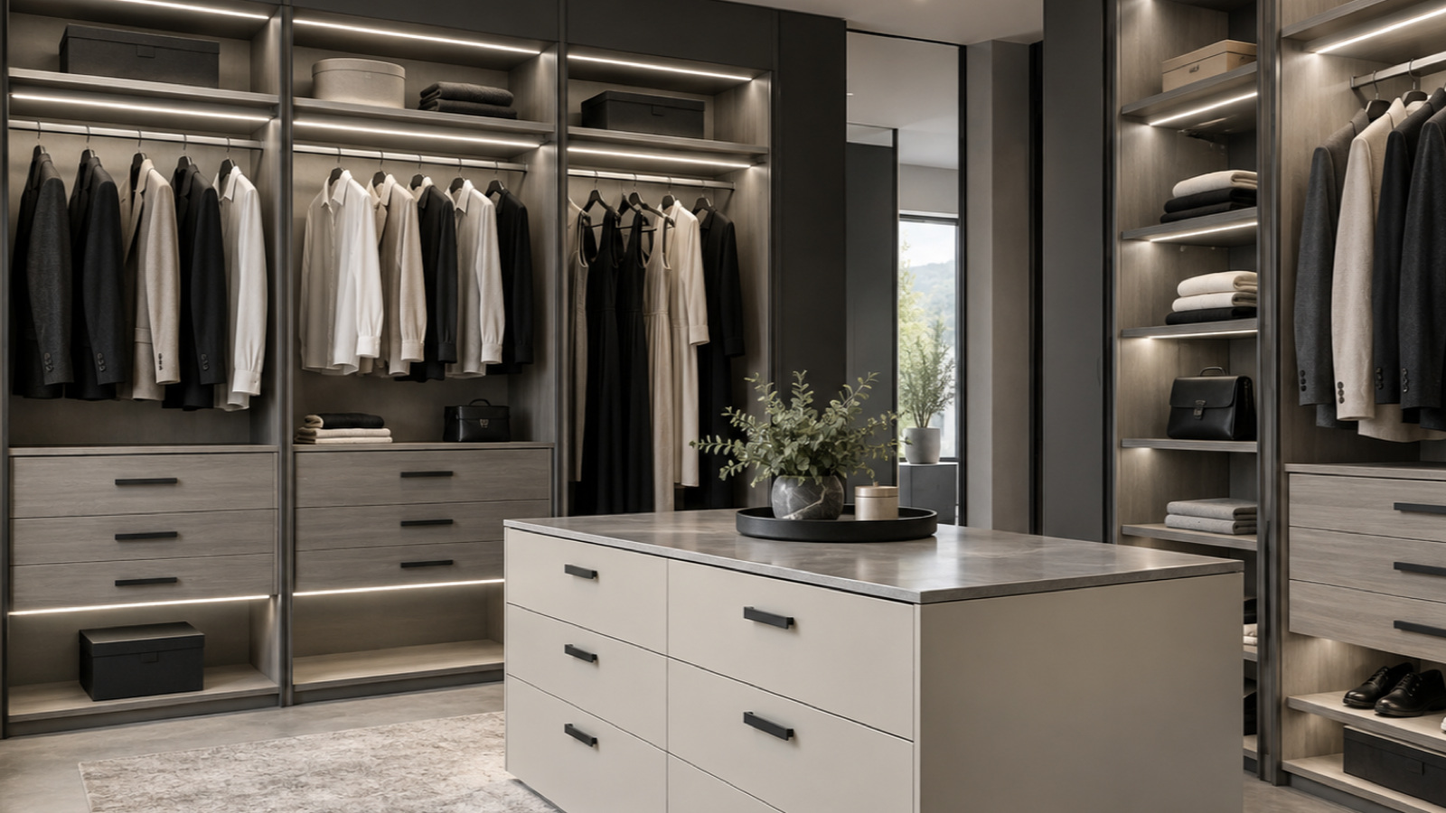 Wardrobe interior with neutral white linear lighting integrated into shelves and hanging bays