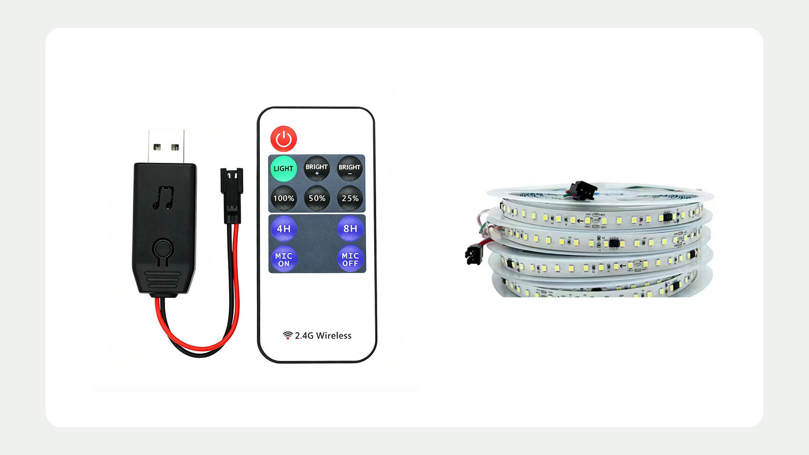 Inline LED controller, handheld remote and flexible LED strip shown together on a neutral background