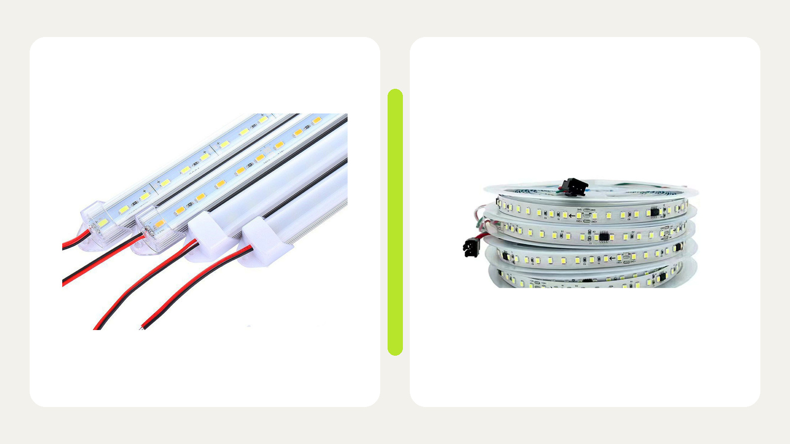 Rigid LED bars and a flexible LED strip reel shown side by side