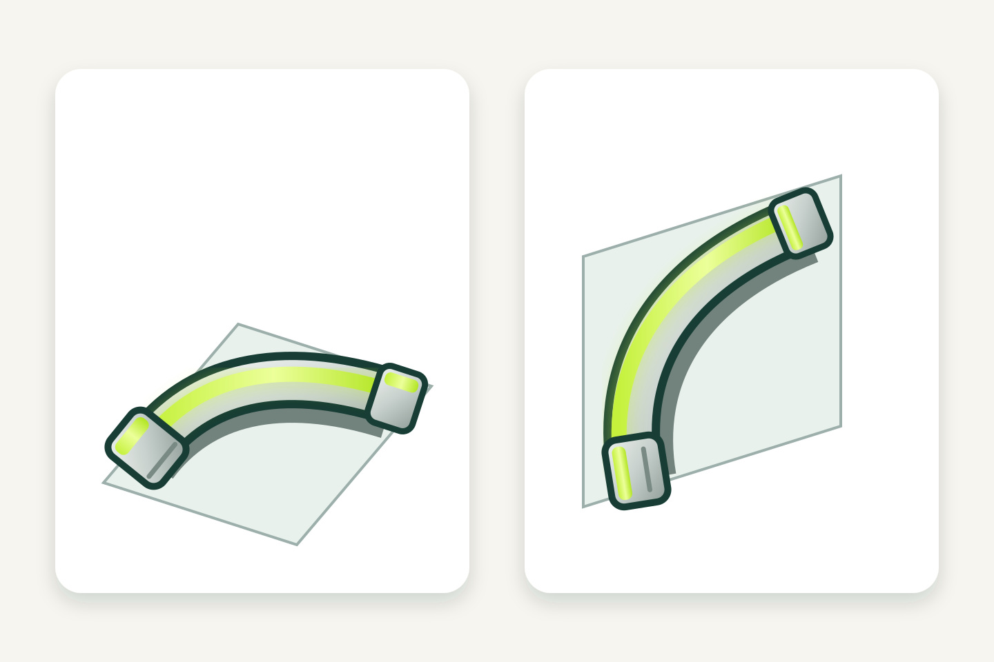 Two isometric neon-flex examples showing top-face and side-face bending in different planes