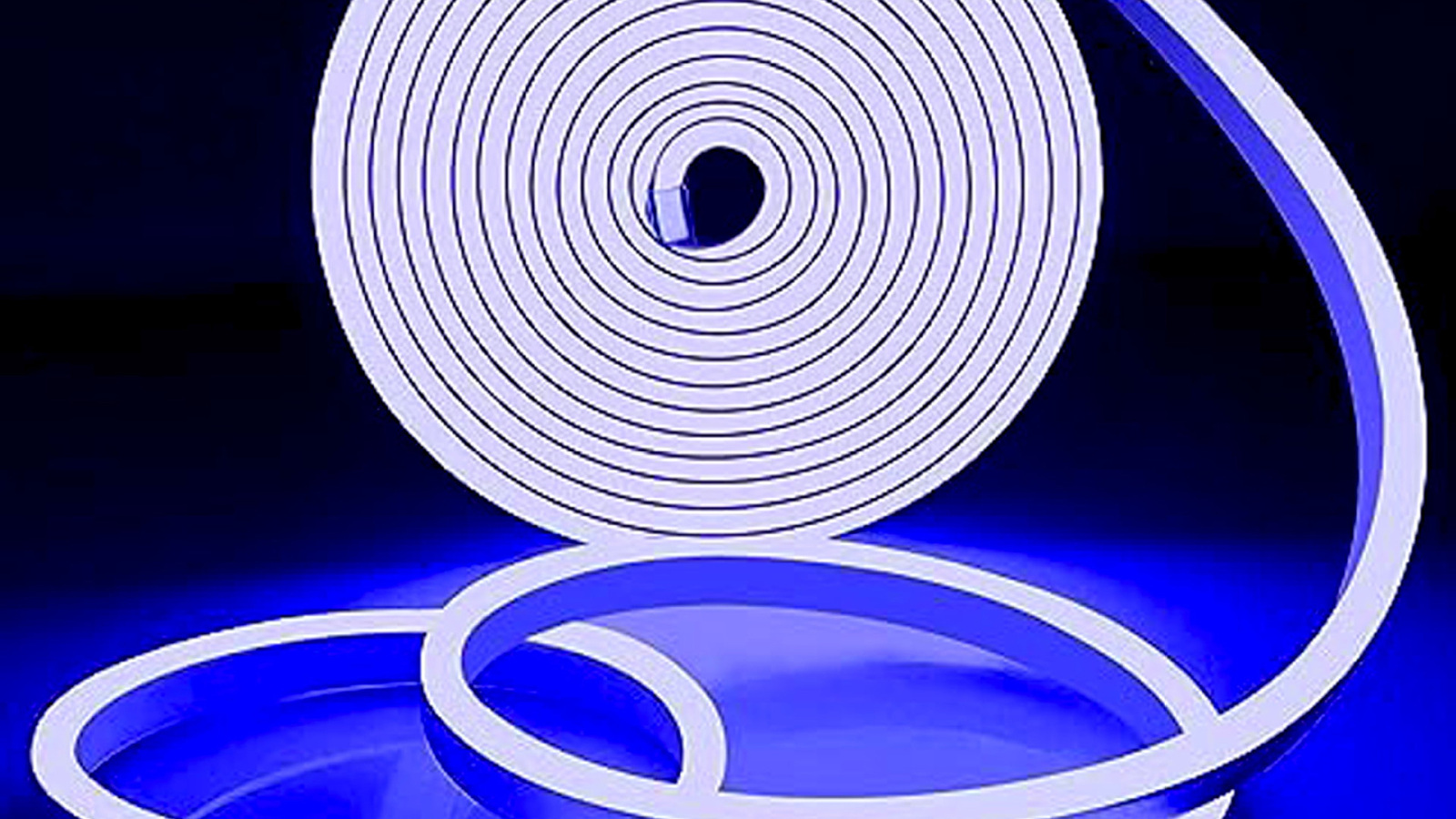 Blue-white LED neon flex forming a luminous coil and gentle foreground curve