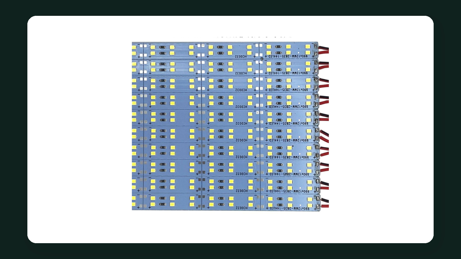 Array of LED light boards with visible emitters, components and lead wires