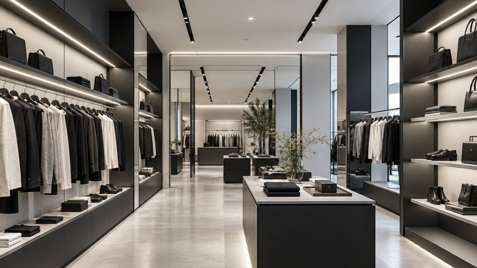 Retail display shelves with concealed linear lighting focused on merchandise
