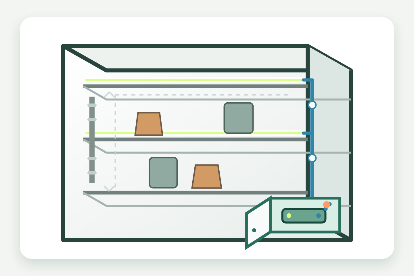 Retail display section with a restrained cable route leading to an accessible power-equipment compartment