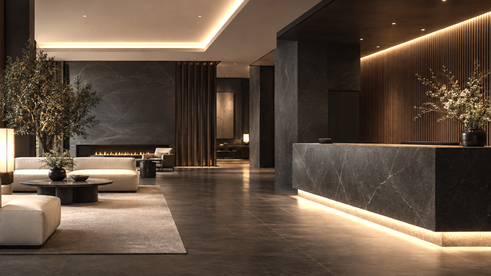 Hospitality lobby with linear lighting coordinated across reception, lounge and circulation areas