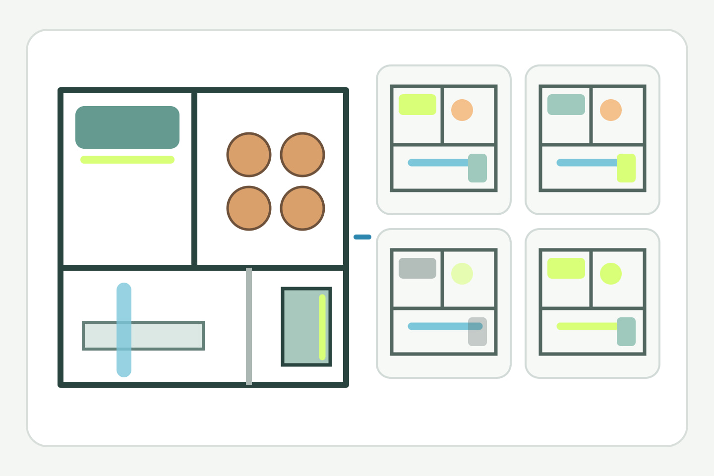 Hospitality floor-plan concept showing zones participating in different operating scenes
