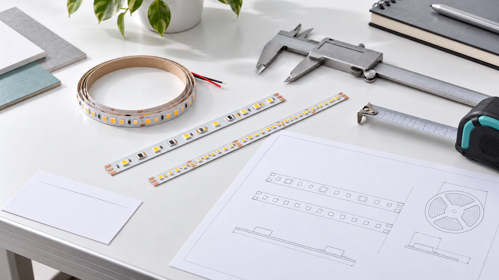 LED strip samples, drawings and measuring tools arranged for an OEM requirement review