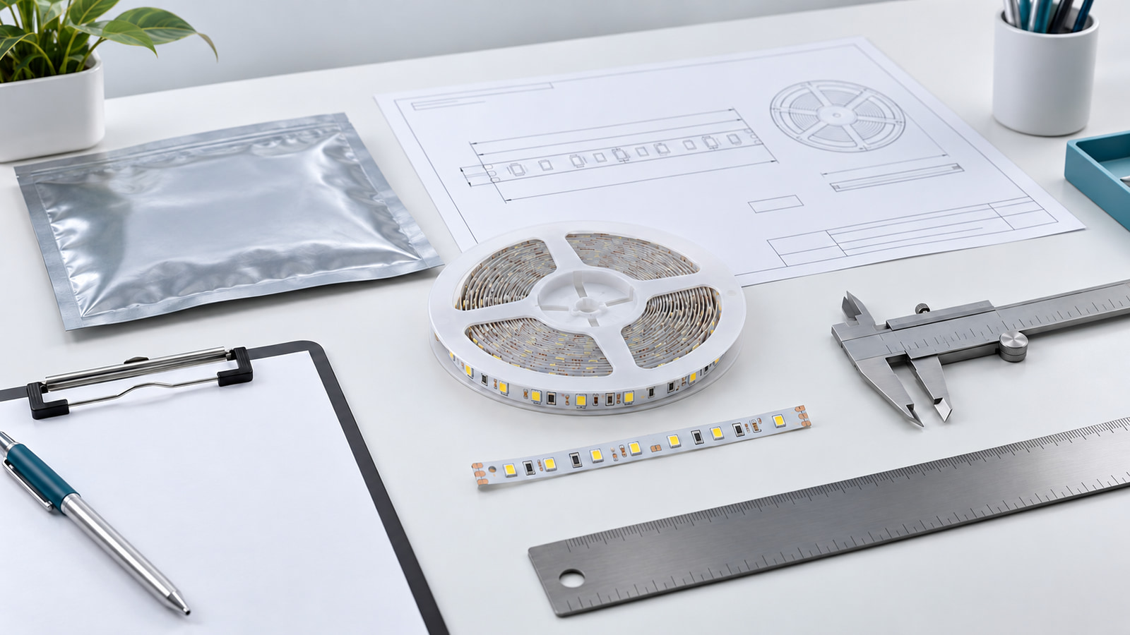LED strip sample, revision documents and measuring tools prepared for a traceable evaluation