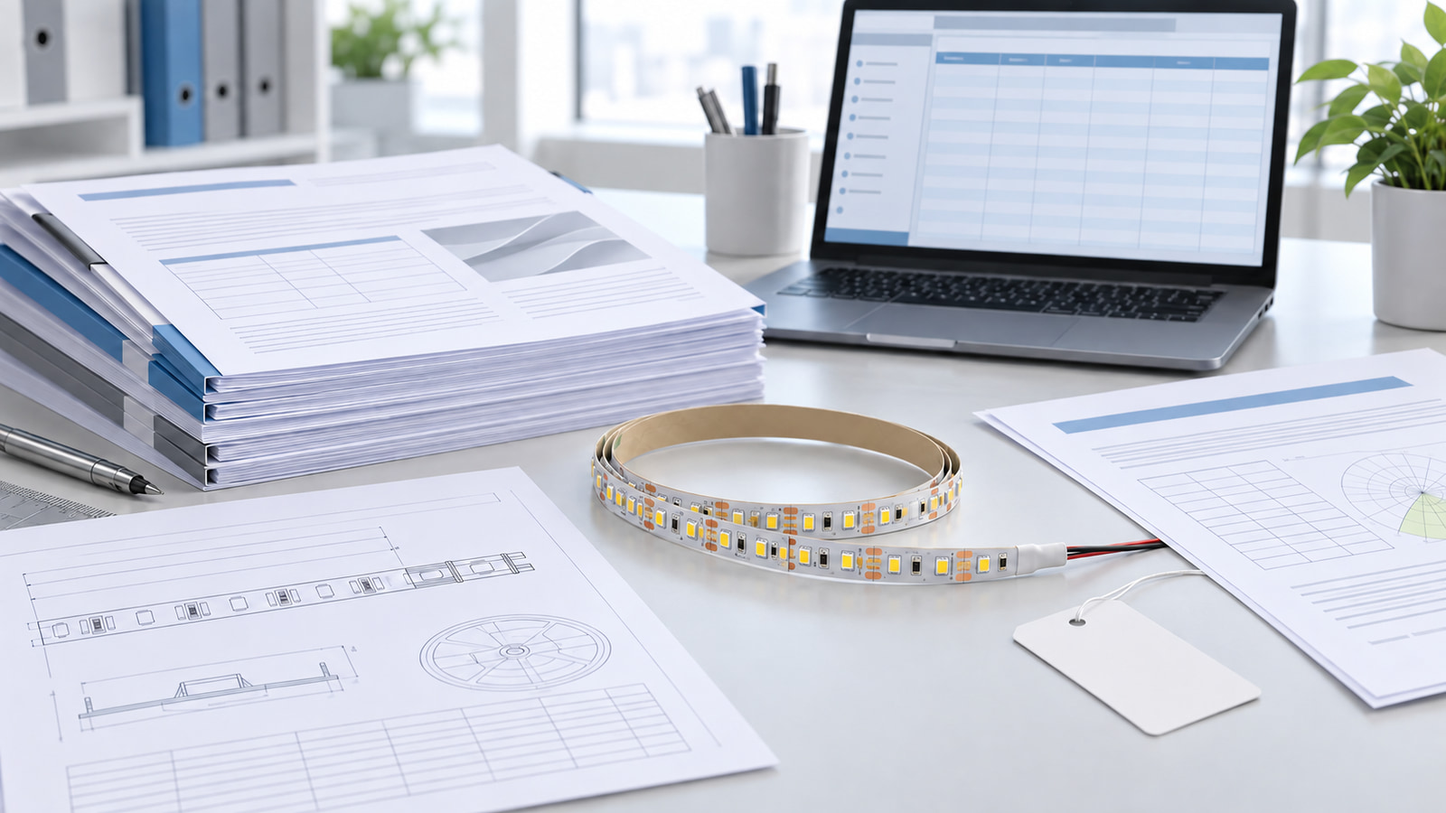 LED strip sample and controlled technical documents arranged for a model-specific scope review