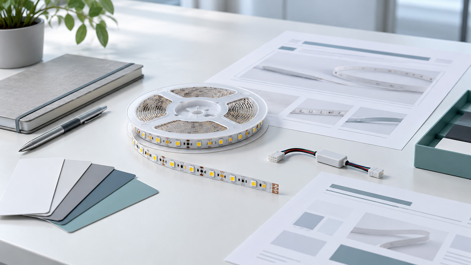 Buyer preparing a ready-stock LED strip inquiry with product samples and configuration references