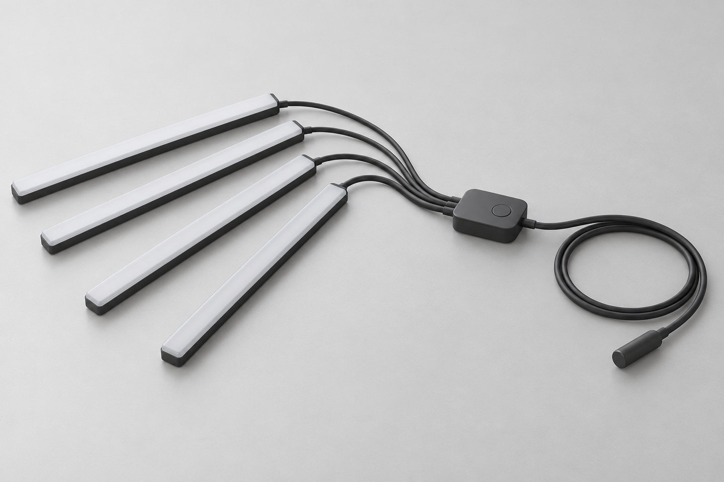 Four linear light bodies connected by leads to a shared control unit