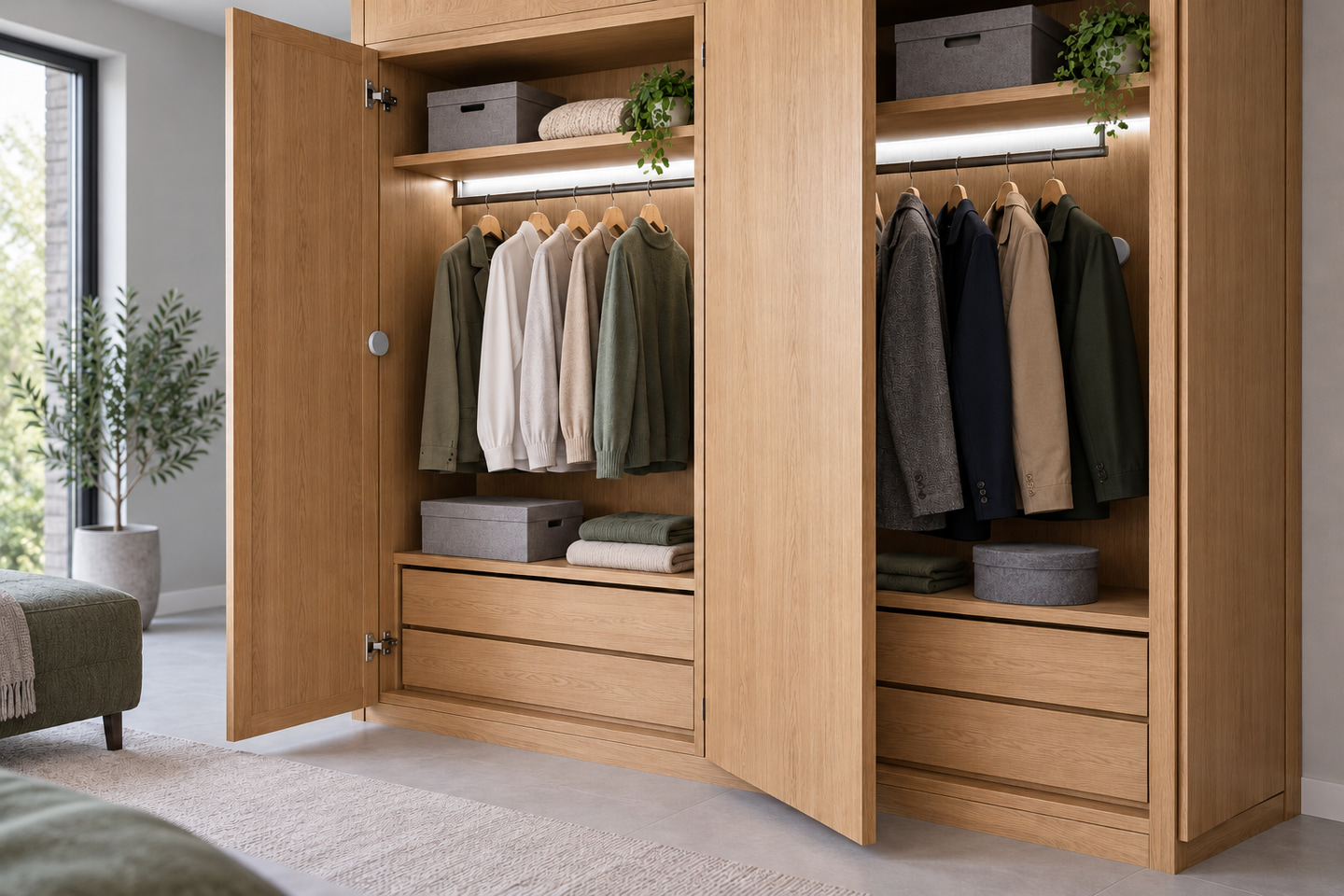 Wardrobe mounting positions beside an open approach and partly hidden behind hanging clothes