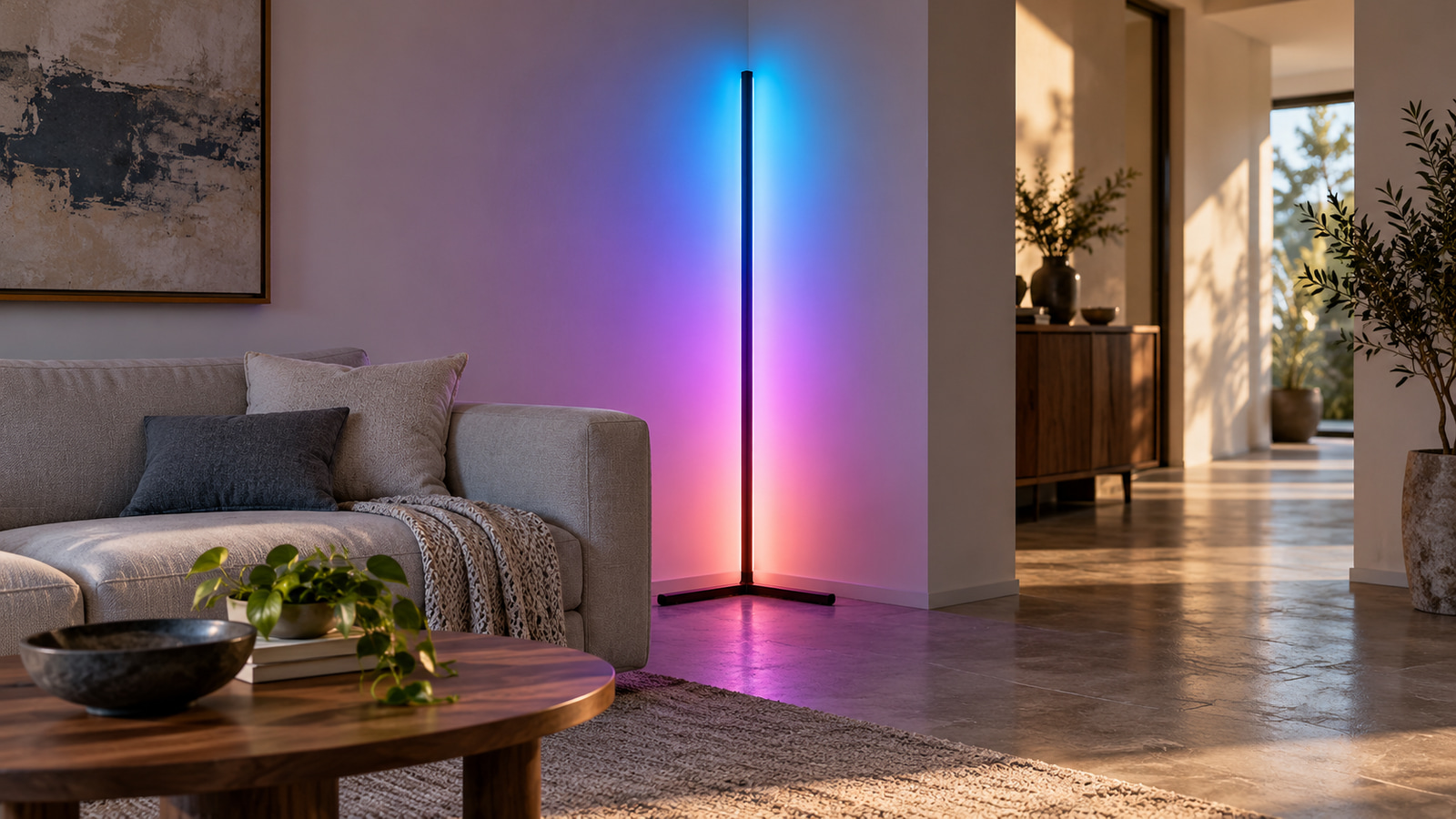 RGB floor lamp beside a sofa in a bright living-room corner.