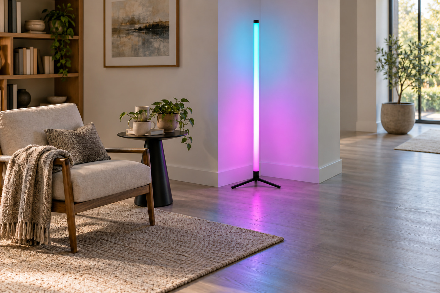 Freestanding RGB floor lamp beside a reading chair with clear walking space.