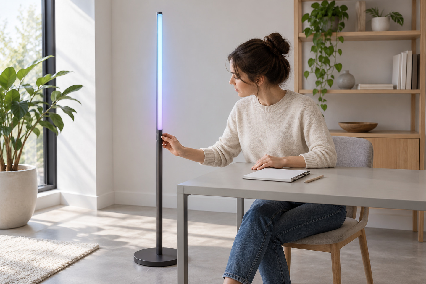 Buyer inspecting a floor lamp sample beside a blank notepad.