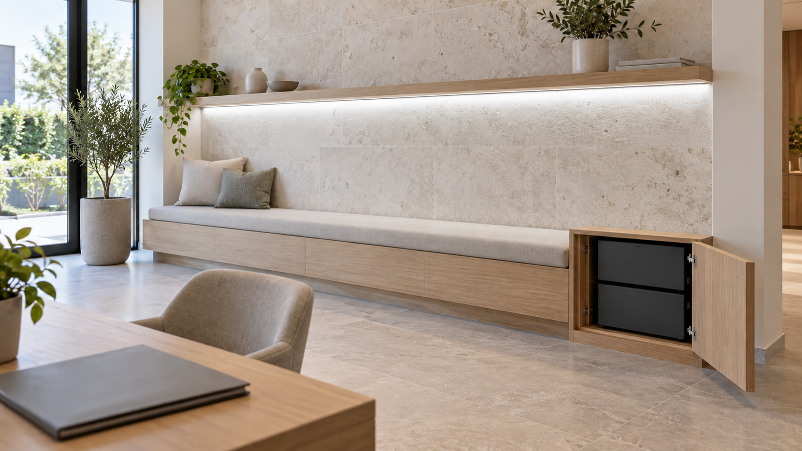 Under-shelf LED lighting above a bench with an accessible equipment compartment.