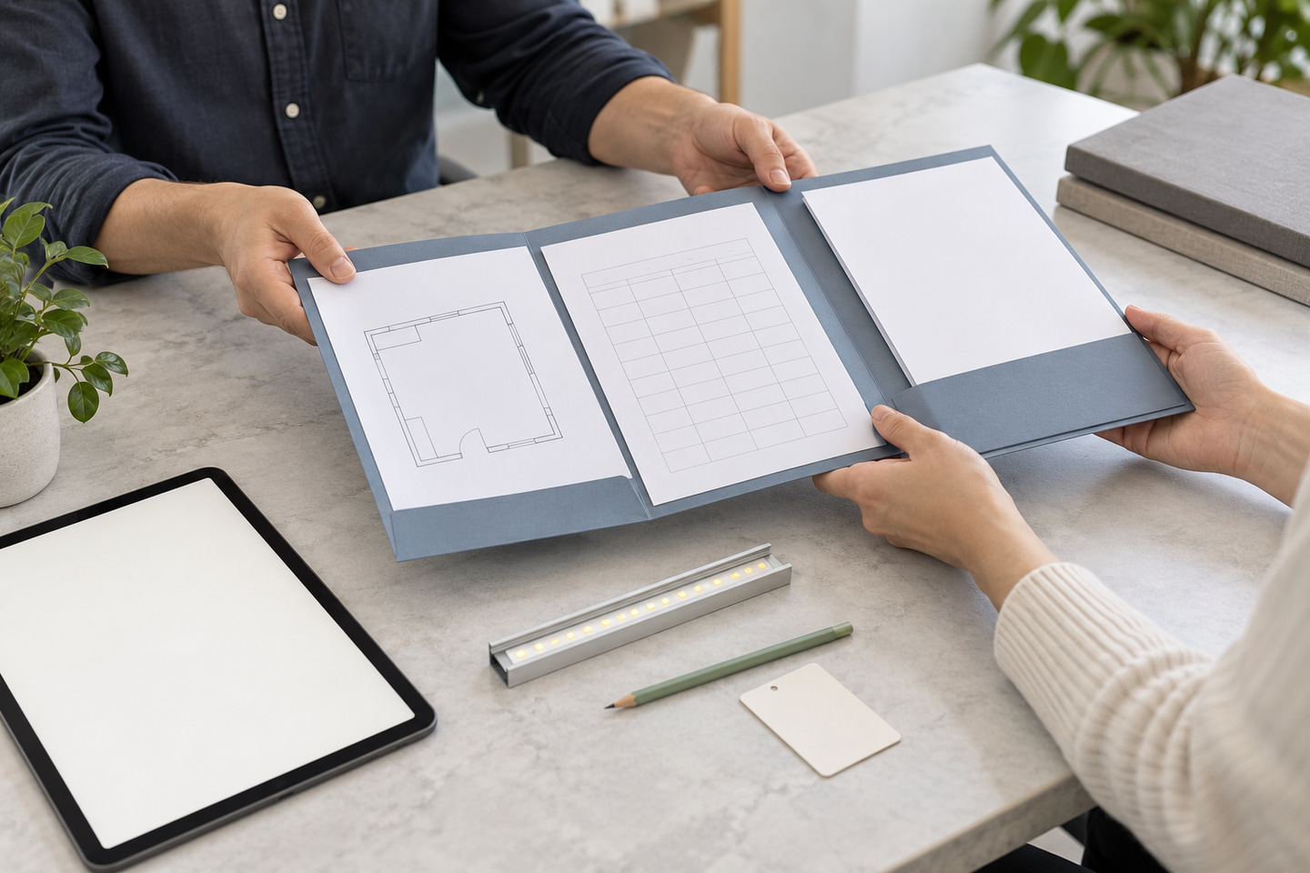 Two people passing a folder of neutral drawings and blank records beside an LED strip sample.