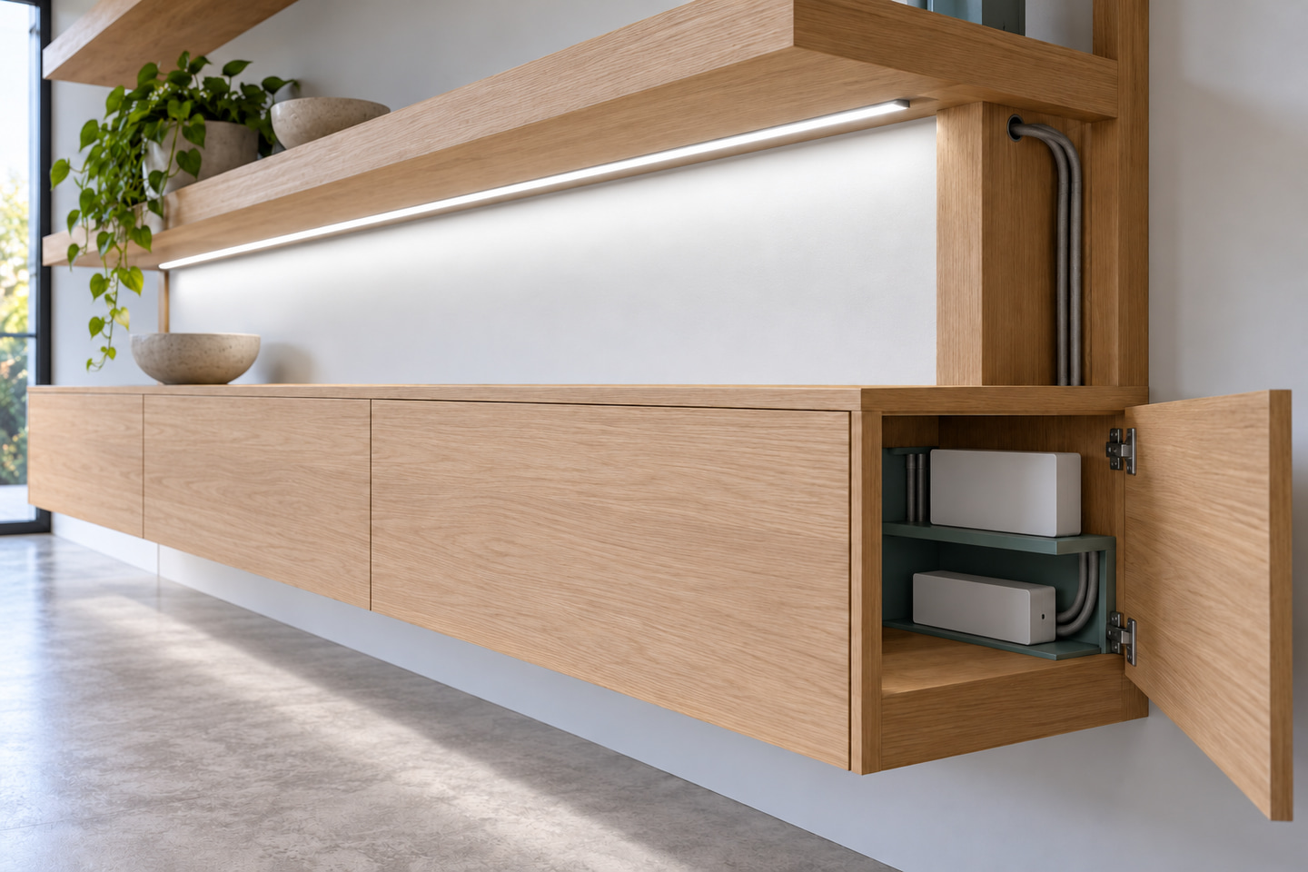 Under-shelf light, covered cable route and open service compartment in built-in furniture.
