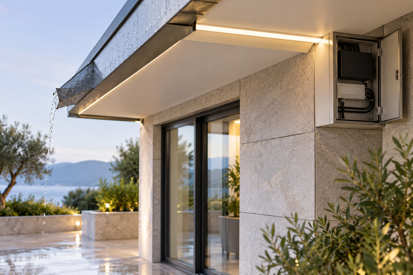 Sheltered exterior lighting route with runoff drainage and an accessible equipment cabinet.