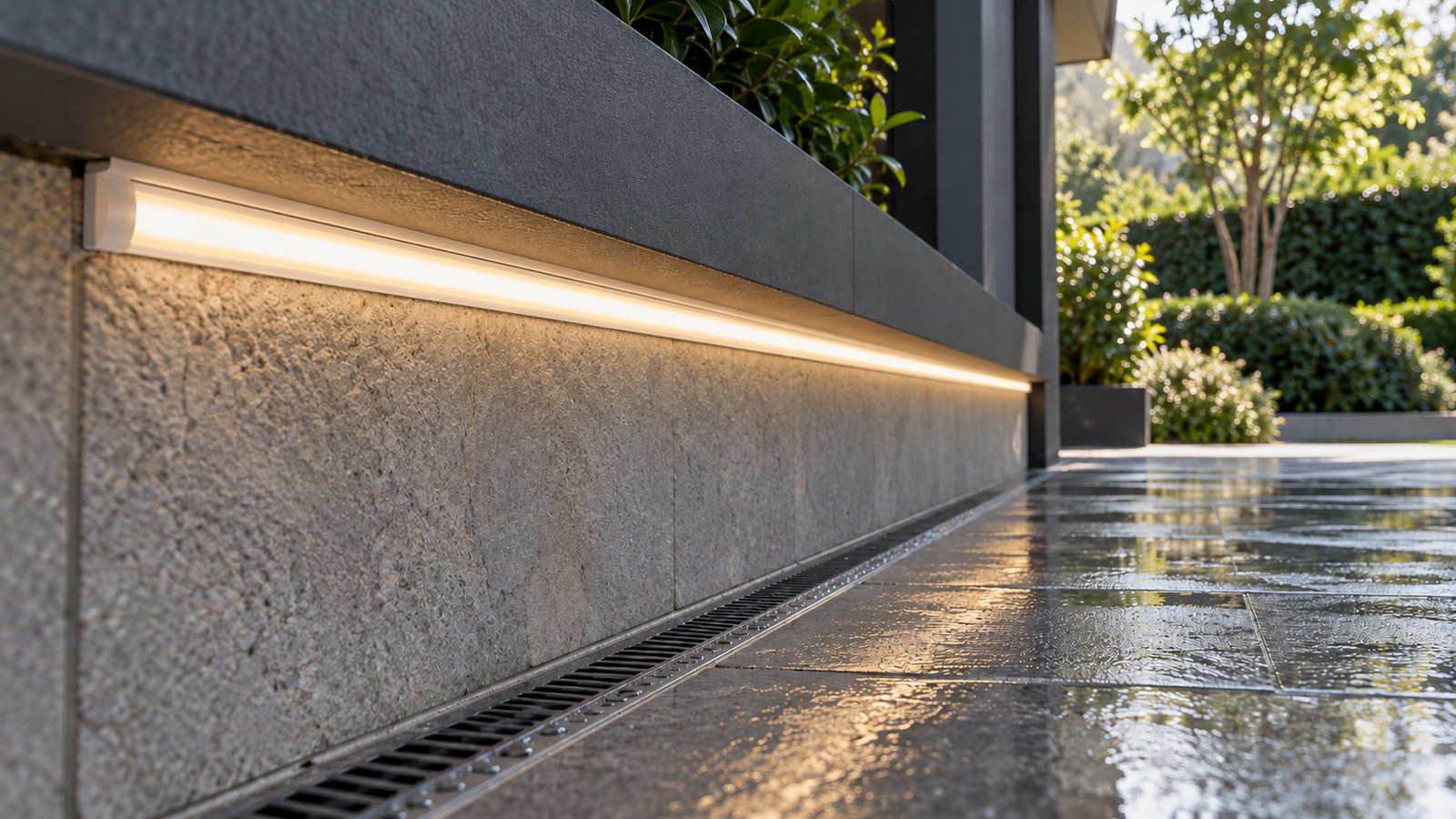 Sheltered exterior wall with a continuous warm linear light above wet paving and a drain.