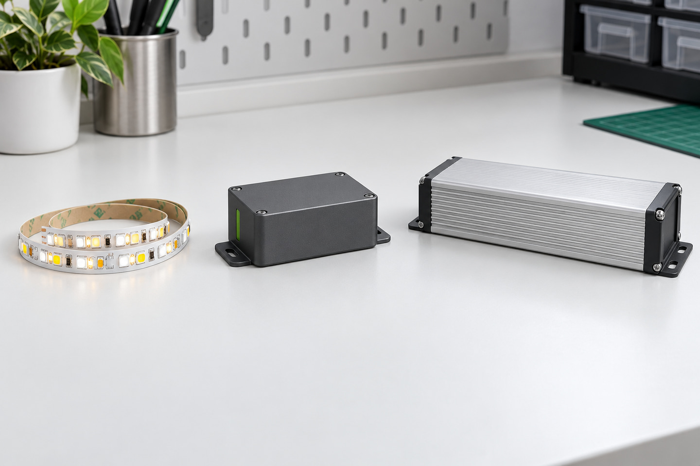 LED strip sample, controller enclosure and driver enclosure shown separately on a workbench.