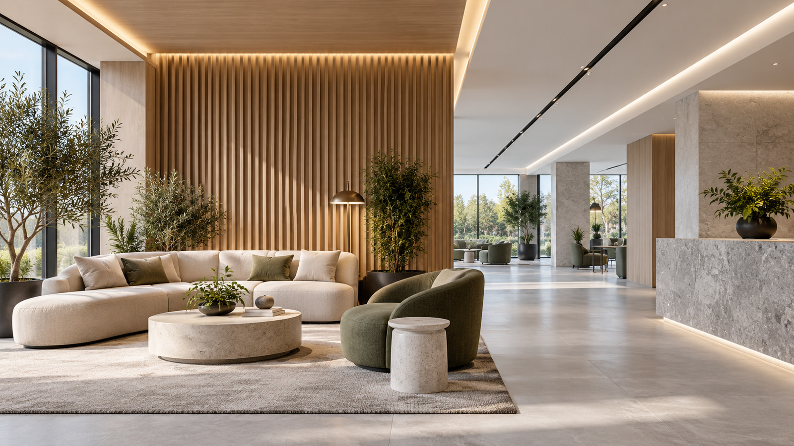 Commercial interior with warm lounge lighting and cooler corridor lighting zones.