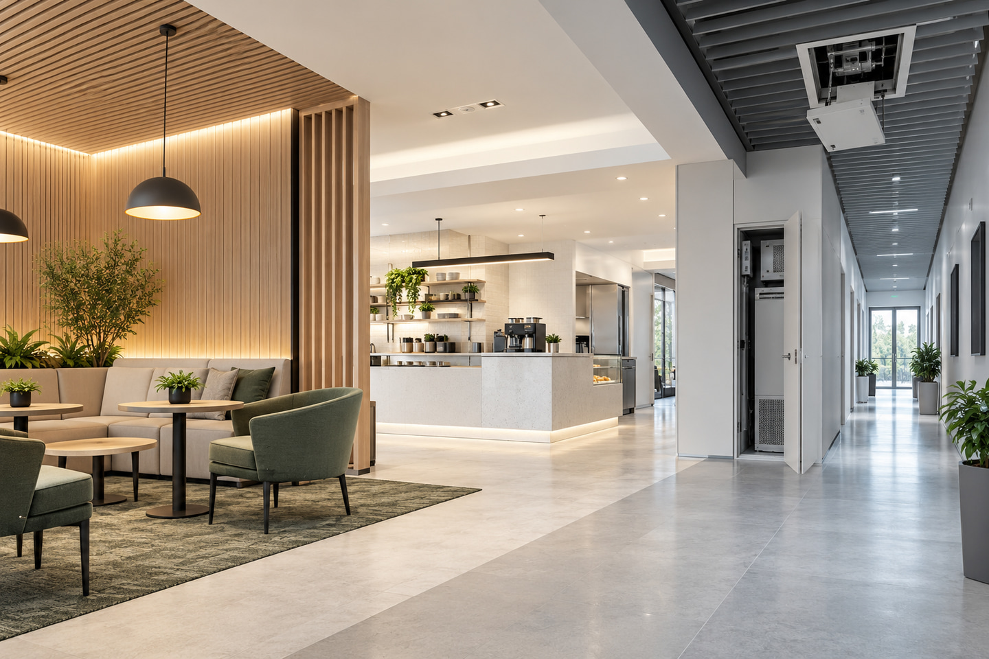 Commercial lighting zones with accessible ceiling and wall equipment locations.