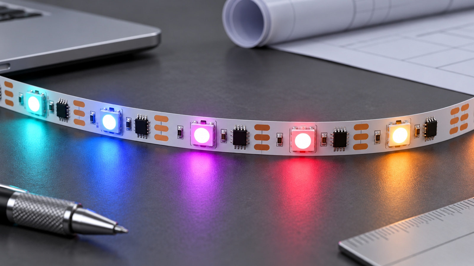 Close view of an RGB LED strip showing differently colored illuminated segments.