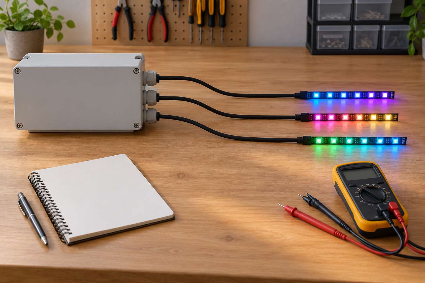 Three RGB strip sample branches arranged around a power enclosure on a workbench.