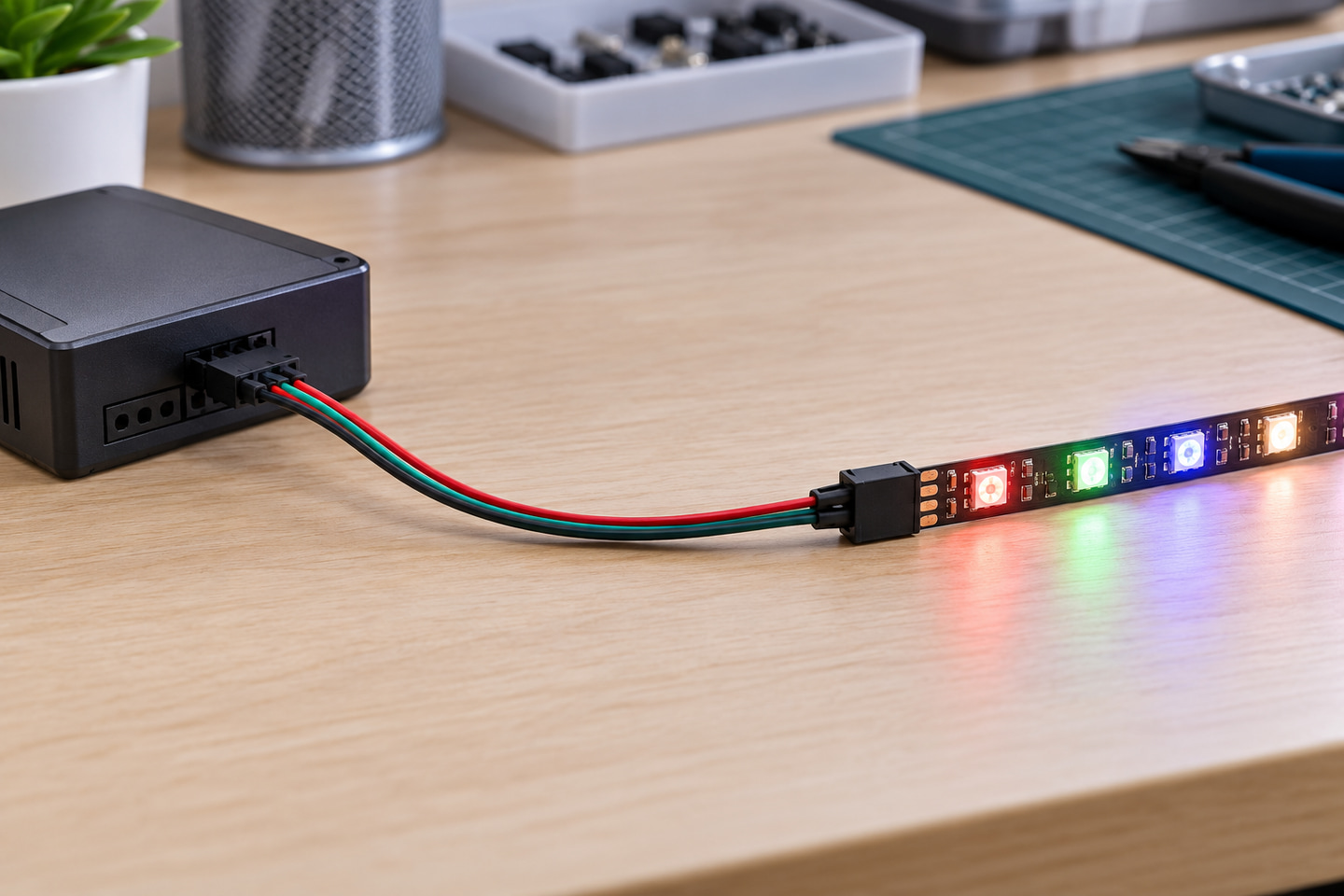 Controller and RGB strip connection arranged for interface review on a workbench.
