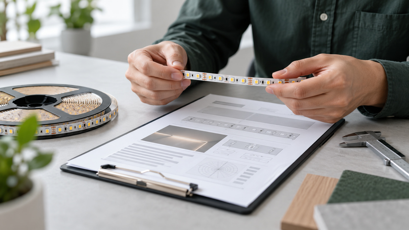 Buyer comparing an LED strip sample with a technical datasheet.