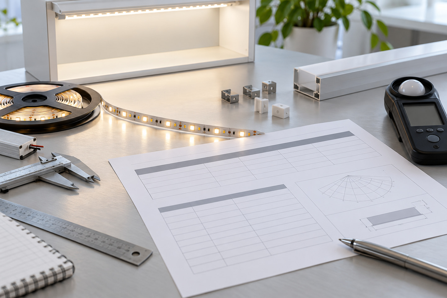 LED strip, profiles and measurement tools arranged for reviewing optical fields and test conditions.