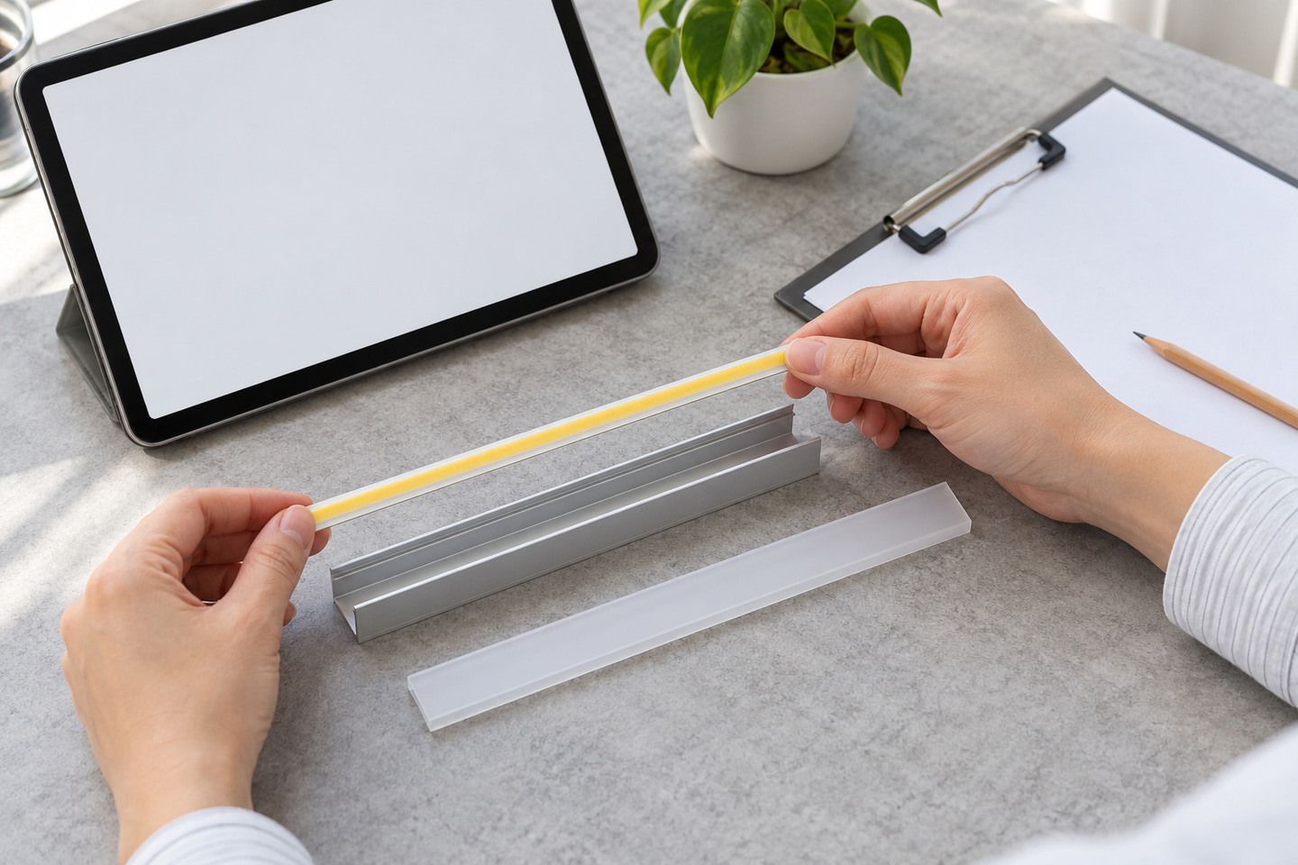 Hands checking a COB LED strip against an aluminum profile beside blank review sheets.