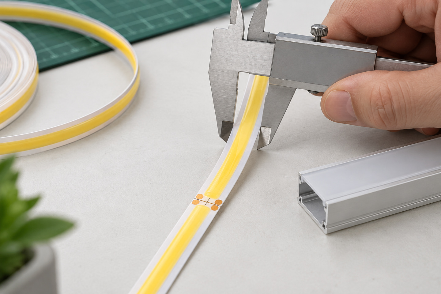 Hand using a caliper to check a COB LED strip beside an aluminum profile.