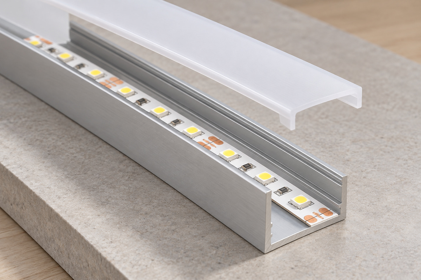 SMD LED strip seated in an aluminum profile beneath a raised frosted diffuser.