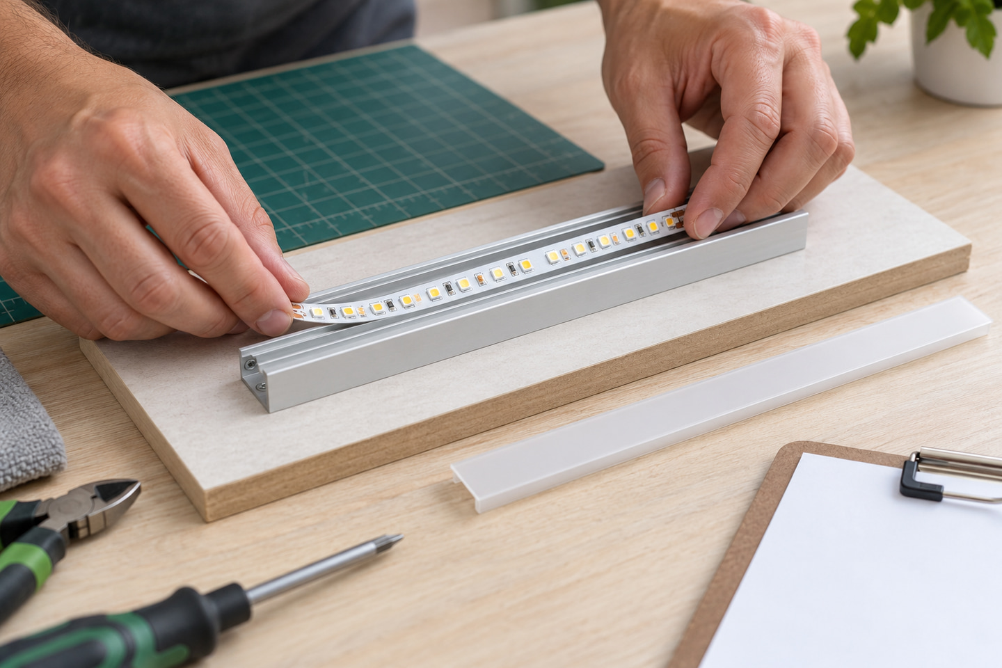 Hands positioning an SMD LED strip in an aluminum profile on a sample mounting board.