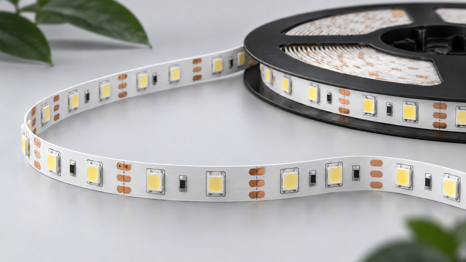 Unlit SMD LED strip on a reel with visible LED packages and copper pads.
