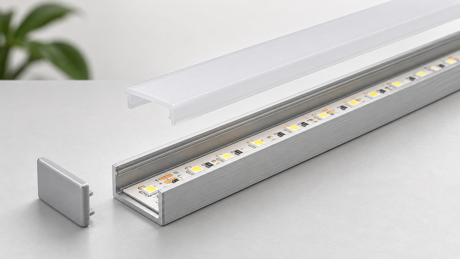 Aluminum channel with an LED strip, a separate diffuser and a loose end cap.