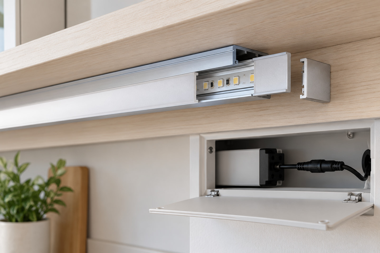 Partly opened under-cabinet light profile beside an accessible compartment with a device and cable connection.