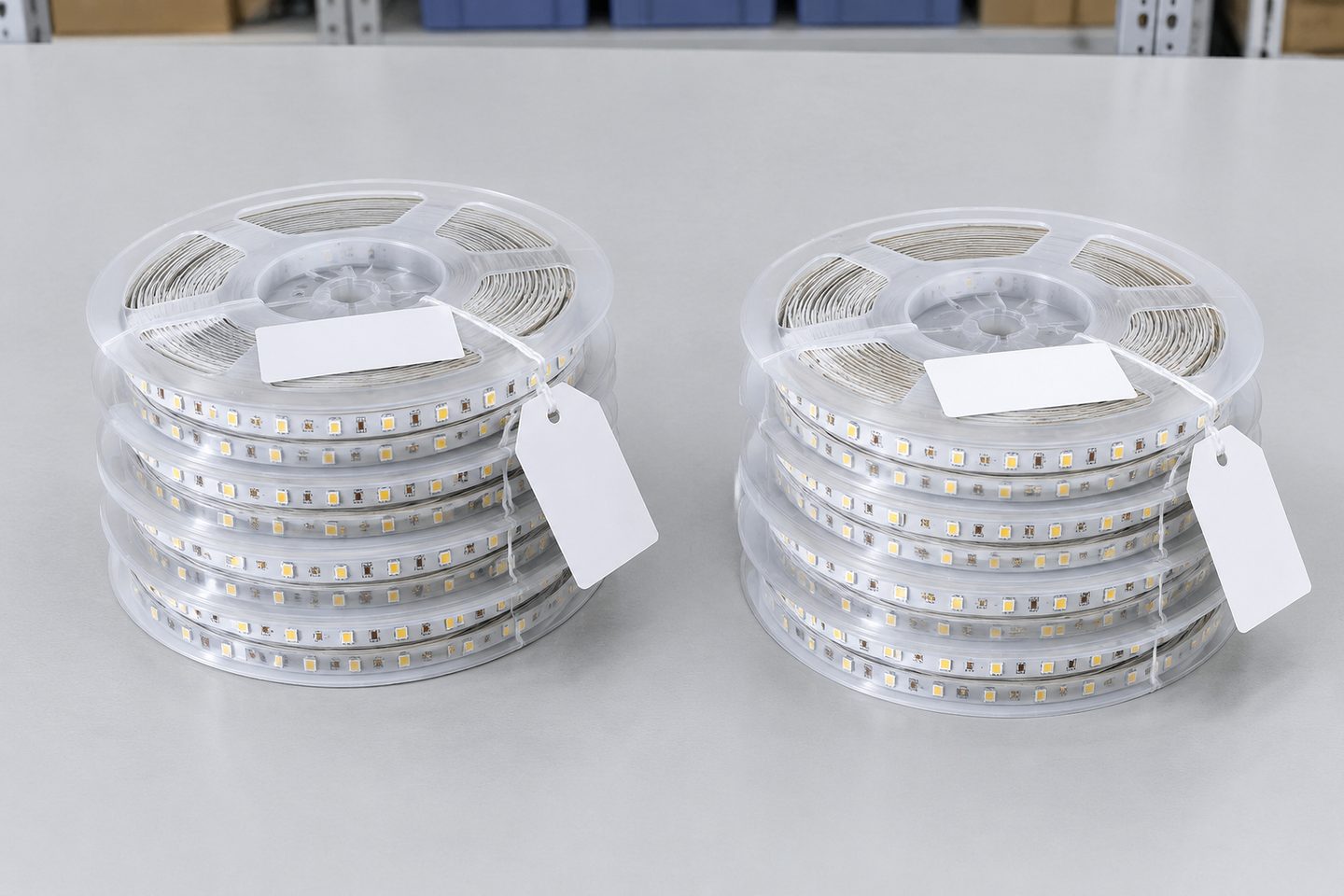 Two separate groups of LED strip reels with blank labels and tags on an inspection table.