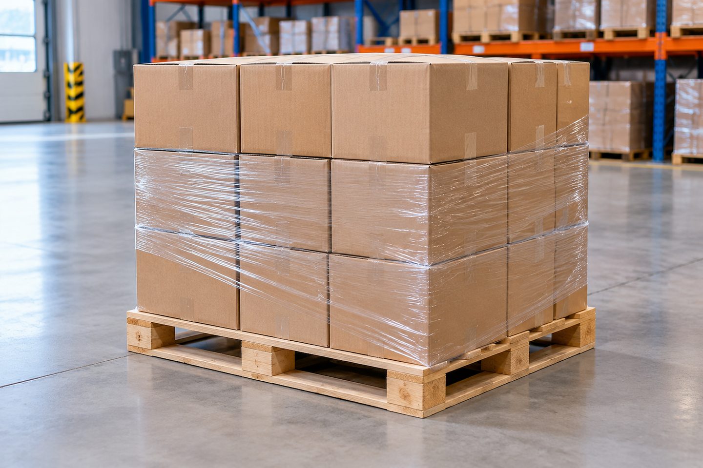 Plain export cartons stacked and stretch-wrapped on a wooden pallet in a warehouse.