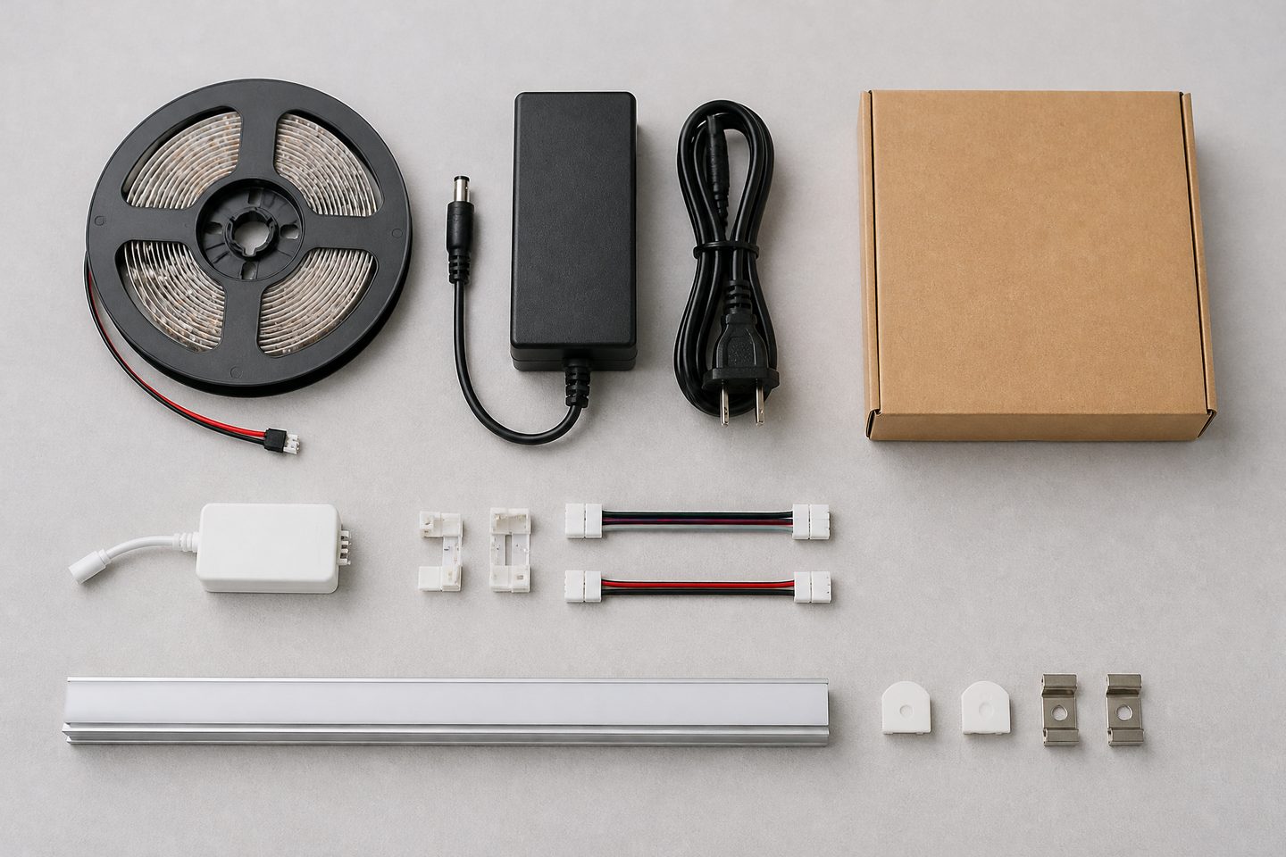 Flat lay of an LED strip reel, power supply, controller, connectors, aluminum profile, end caps, clips and a plain box.