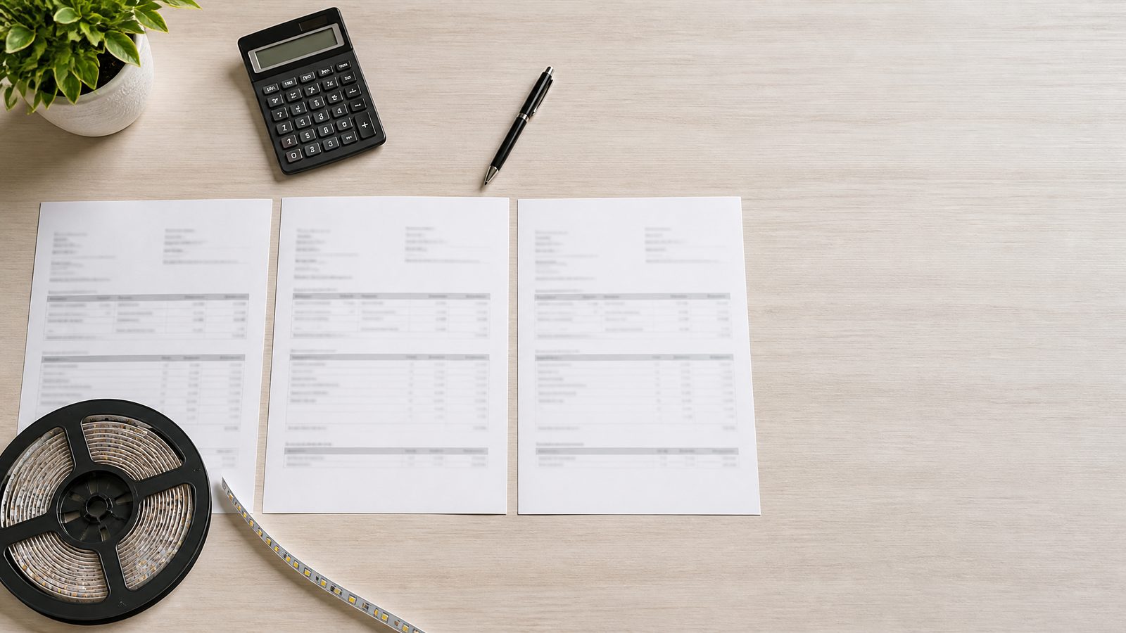 Three printed quotation sheets side by side on a desk with a calculator, a pen and an LED strip reel.