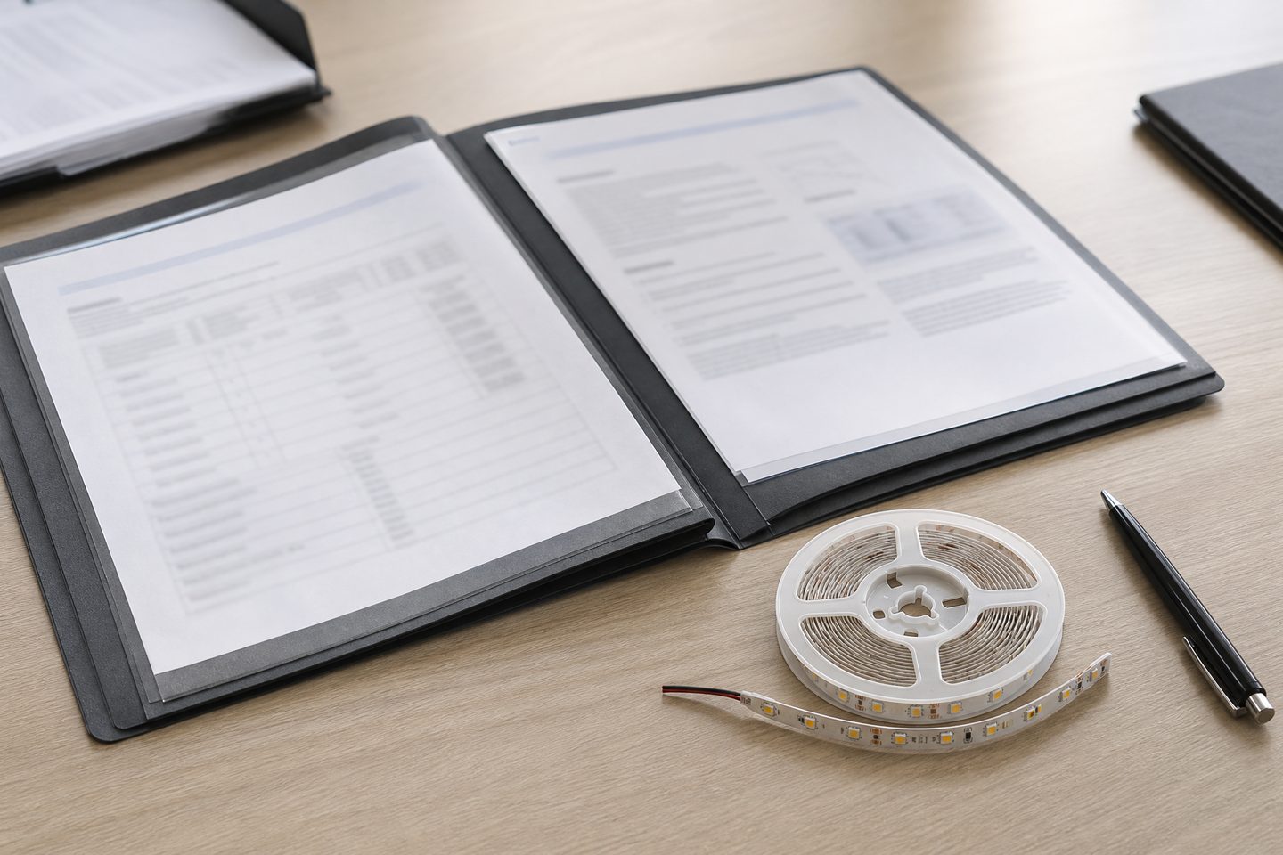Open folder of supplier documents next to a small LED strip sample and a pen.