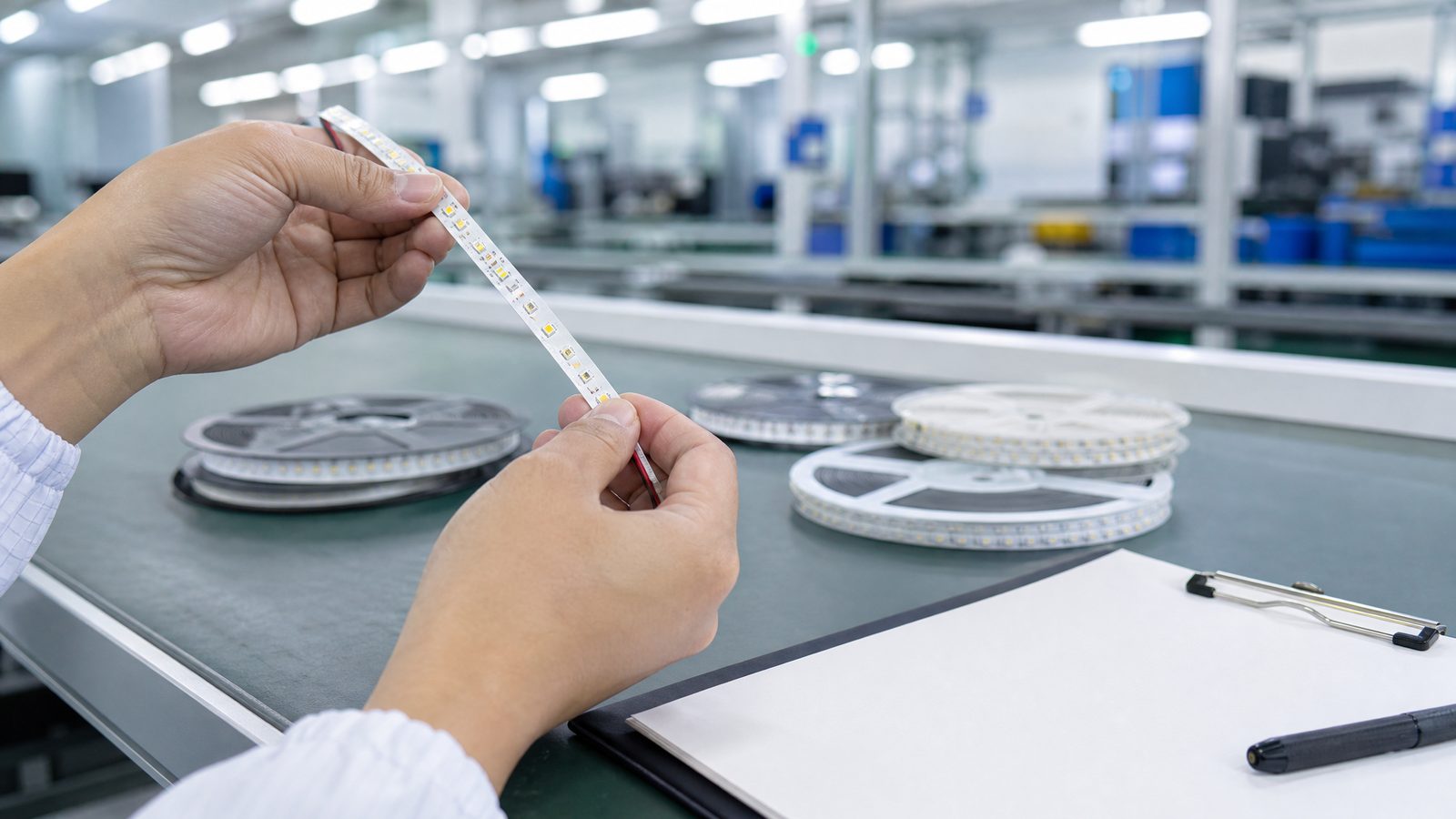 Hands inspecting a short LED strip sample over a factory table with reels and a blank checklist.