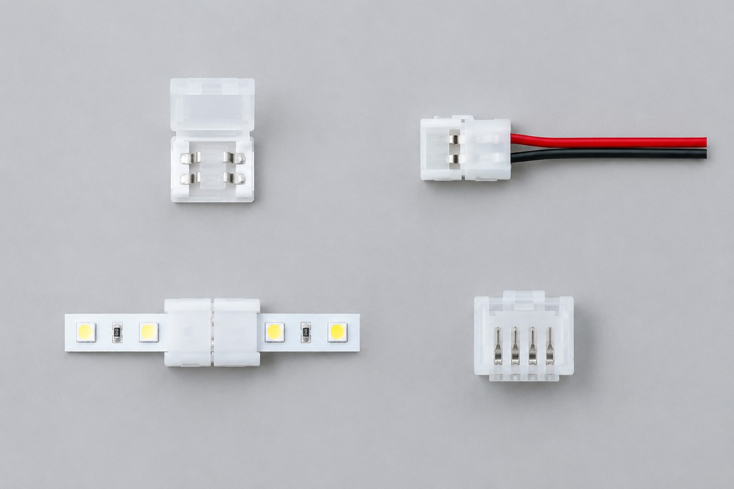 Four types of LED strip connectors arranged in a grid pattern for a compatibility matrix.